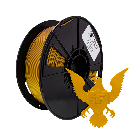 American Filament Gold PLA+ spool and a gold printed eagle